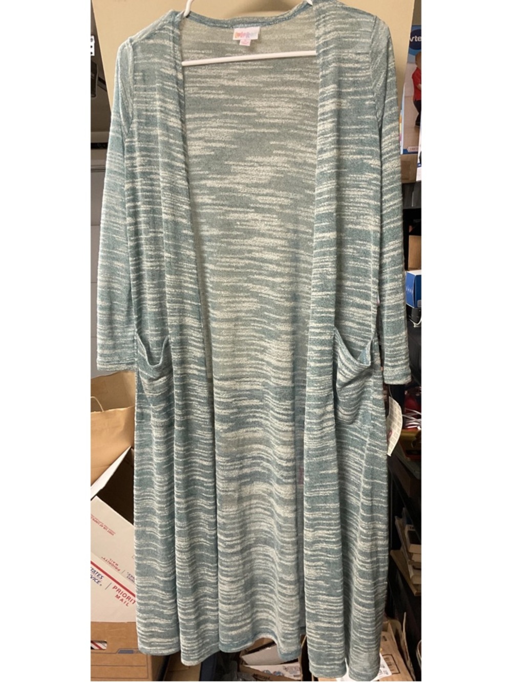 LuLaRoe SARAH Teal and Ivory Marled Open Duster Cardigan Size S NWTs